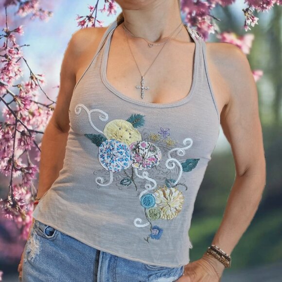 🌷͙֒y2k LULUMARI Scoop Neck Floral Patchwork Racerback Pocket Tunic Tank - Picture 1 of 2
